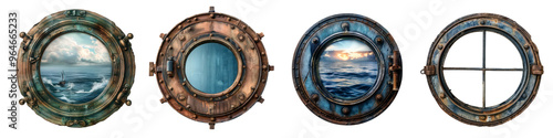 Set of boat ship porthole isolated on transparent background