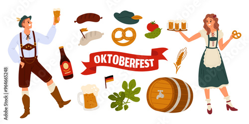 Oktoberfest people and beer holiday elements. Happy couple in Bavarian costumes. Smiling woman. Dancing man. Brezel and ale glass. Brewery barrel. Festival participants. Garish vector set