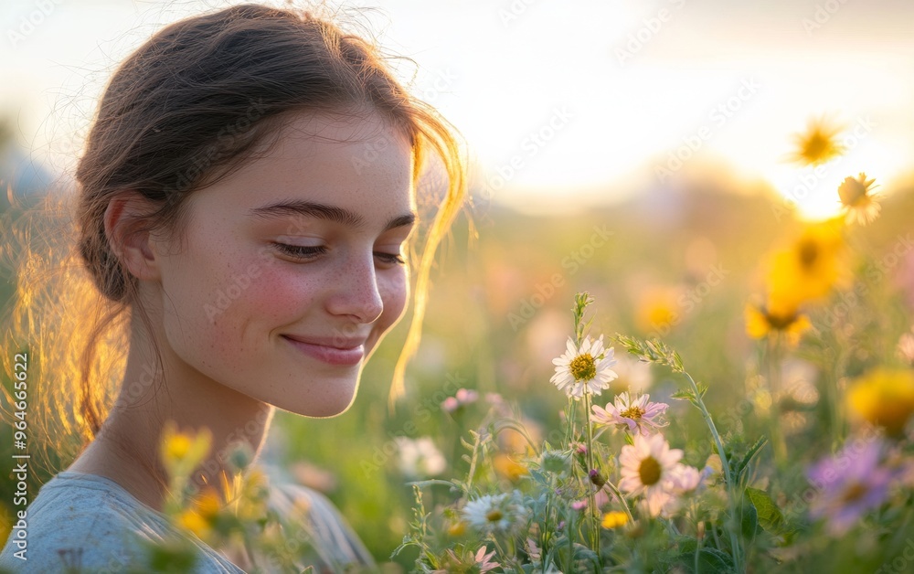 Young Woman Collecting Wildflowers for Eco-friendly Candle-Making in Sunlit Meadow at Sunset Young Woman Collecting Wildflowers for Eco-friendly Candle-Making in Sunlit Meadow at Sunset