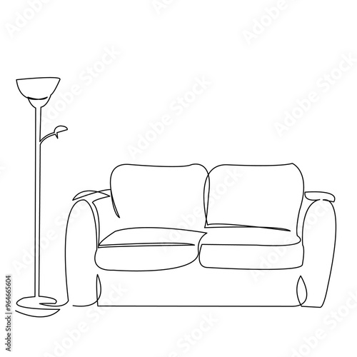 One continuous single drawing line art doodle interior, sofa, home, floor, lamp. Isolated image hand draw contour on a white background
 photo