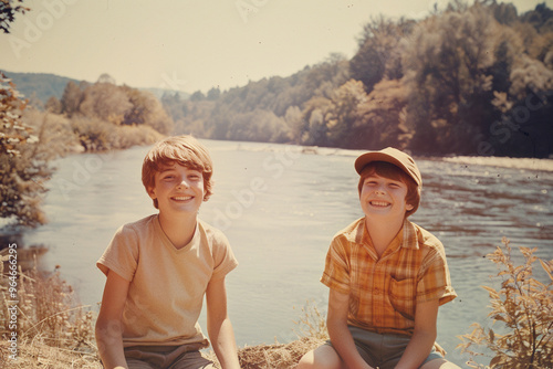 Retro 70s faded snapshot of children on a road trip vacation during summer