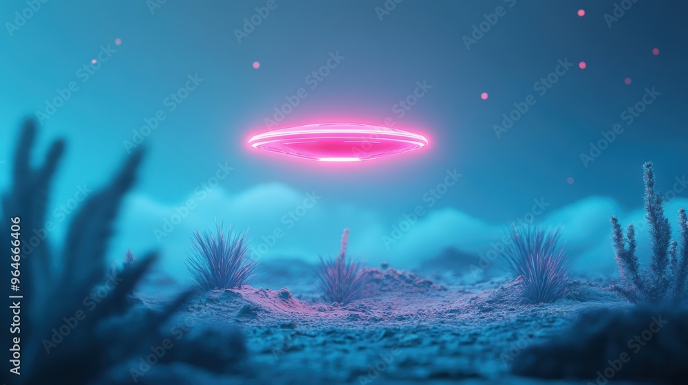 Fototapeta premium A surreal, otherworldly scene of a glowing spaceship hovering over a desolate, alien landscape.