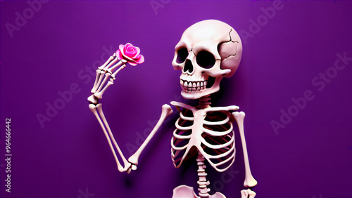 A festive mix of fun and fiction: a Día de los Muertos celebration with skeletons on a purple background, a mix of art, symbolism and mystery to honor the deceased through the contrasting elements photo