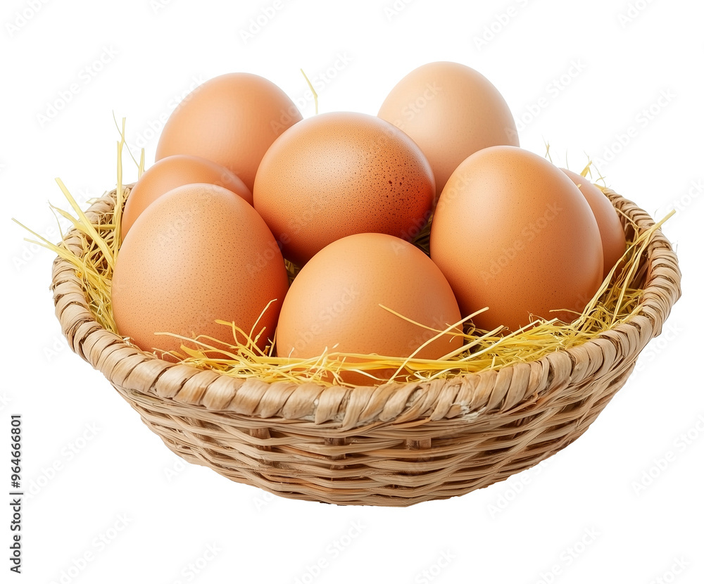Brown eggs in a basket with straw isolated on white background for farm fresh, healthy eating or organic food concept, Cutout, Isolated on White Background Brown eggs in a basket with straw isolated on white background for farm fresh, healthy eating or organic food concept, Cutout, Isolated on White Background