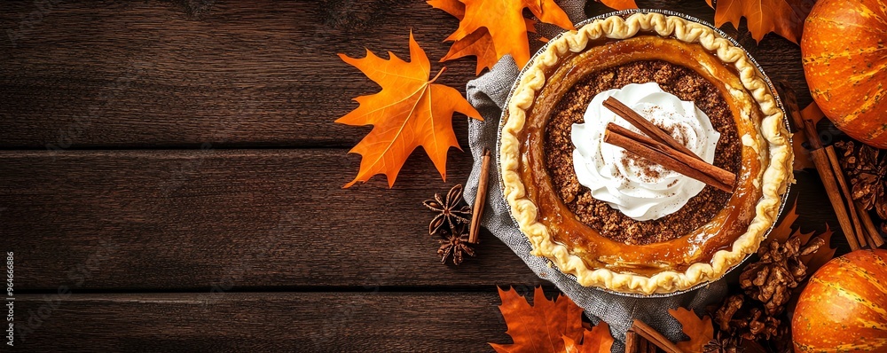 Delicious pumpkin pie topped with whipped cream and spices, surrounded by autumn leaves and decorative pumpkins. Delicious pumpkin pie topped with whipped cream and spices, surrounded by autumn leaves and decorative pumpkins.