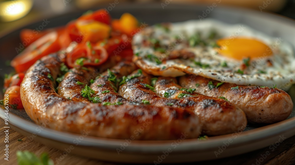 The picture shows a plate with breakfast sausages, fried egg, and fresh vegetables, making a hearty morning meal. The picture shows a plate with breakfast sausages, fried egg, and fresh vegetables, making a hearty morning meal.