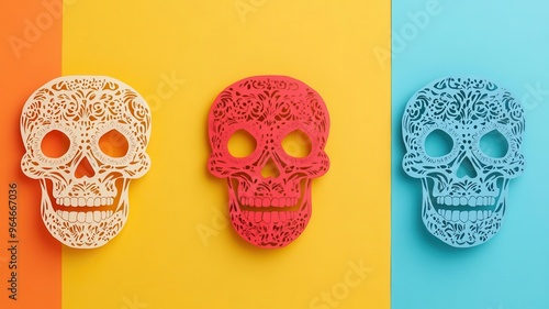 Colorful papel picado with skull motifs, Day of the Dead, symbolizing the thin veil between worlds