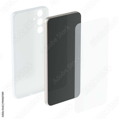 Smartphone with silicone transparent plastic case and glass screen protector, 3D rendering isolated on transparent background