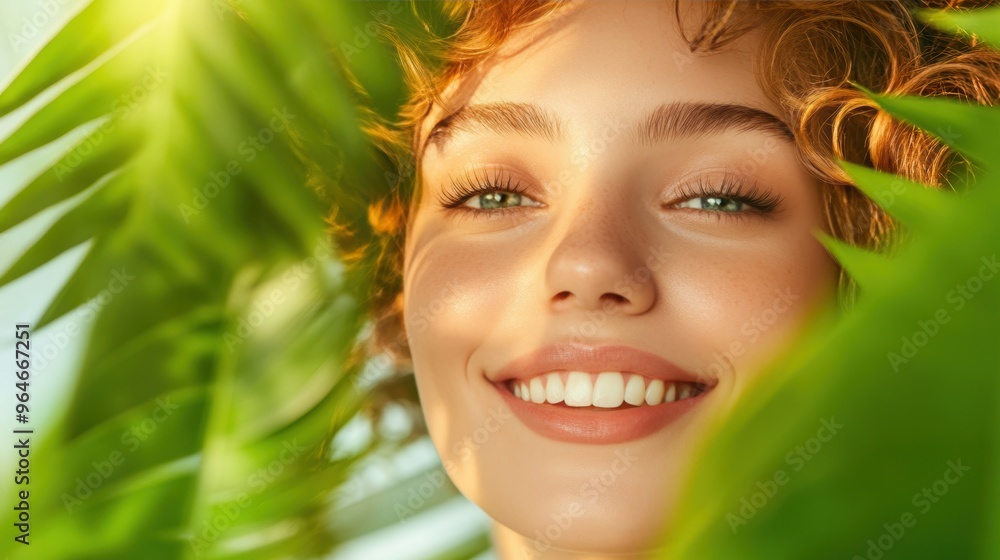 A woman smiling confidently with radiant skin, surrounded by lush greenery. A woman smiling confidently with radiant skin, surrounded by lush greenery.