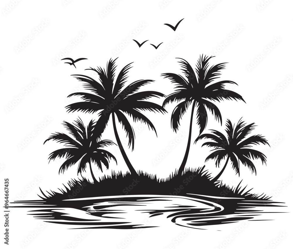 Fototapeta premium Tropical island with palm trees silhouette on the beach Summer vacation vector
