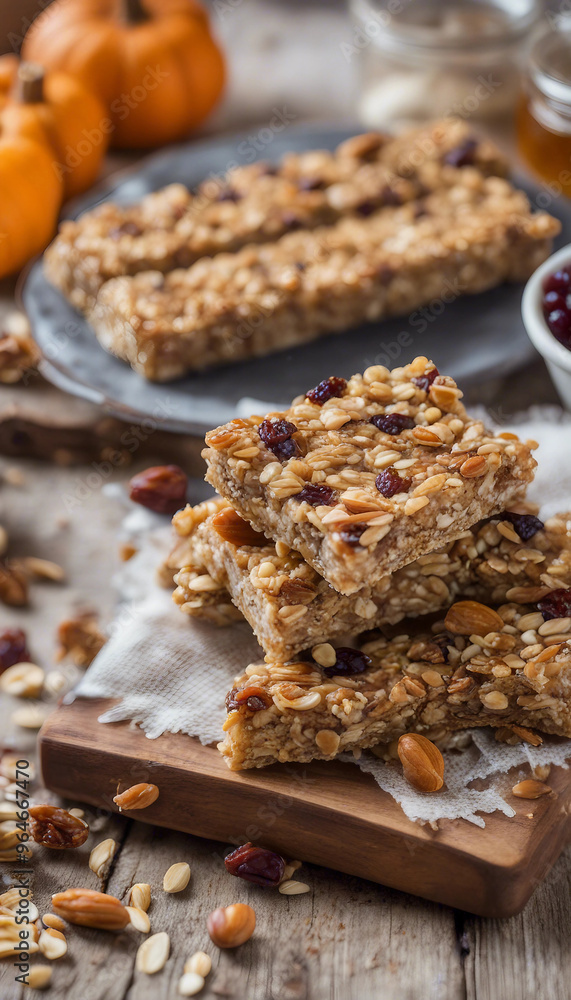 a stack of homemade granola bars with visible ingredients such as oats, nuts, and dried fruits on a wooden cutting board. A glass jar of honey and small pumpkins are in the background, suggesting a wh a stack of homemade granola bars with visible ingredients such as oats, nuts, and dried fruits on a wooden cutting board. A glass jar of honey and small pumpkins are in the background, suggesting a wh