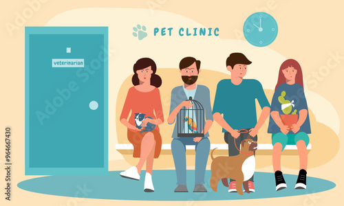 Characters with pets are waiting for their vet's appointment.