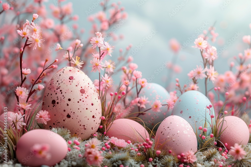 Easter Eggs in a Spring Blossom Wonderland: Pastel-colored Easter eggs nestle amidst a bed of delicate pink blossoms, capturing the essence of spring and the joy of the holiday season. Easter Eggs in a Spring Blossom Wonderland: Pastel-colored Easter eggs nestle amidst a bed of delicate pink blossoms, capturing the essence of spring and the joy of the holiday season.