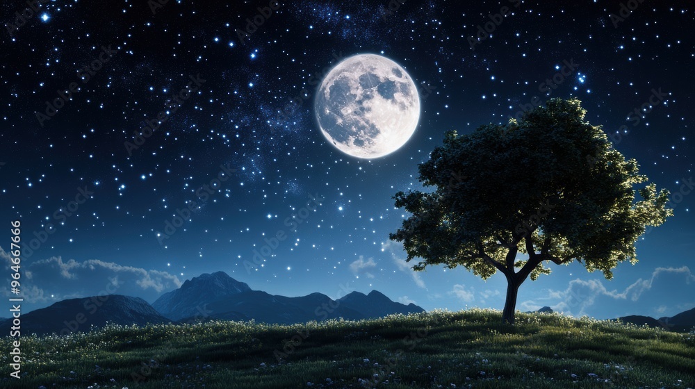 Fototapeta premium A night sky filled with twinkling stars, with the moon casting a silvery glow on the landscape.