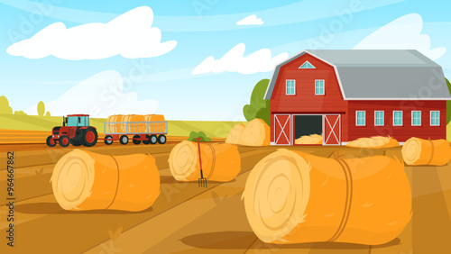 Haystacks landscape. Cartoon farming field background with yellow straw rolls. Barn and tractor. Harvesting of livestock feed. Dry grass. Countryside panorama. Haymaking vector concept