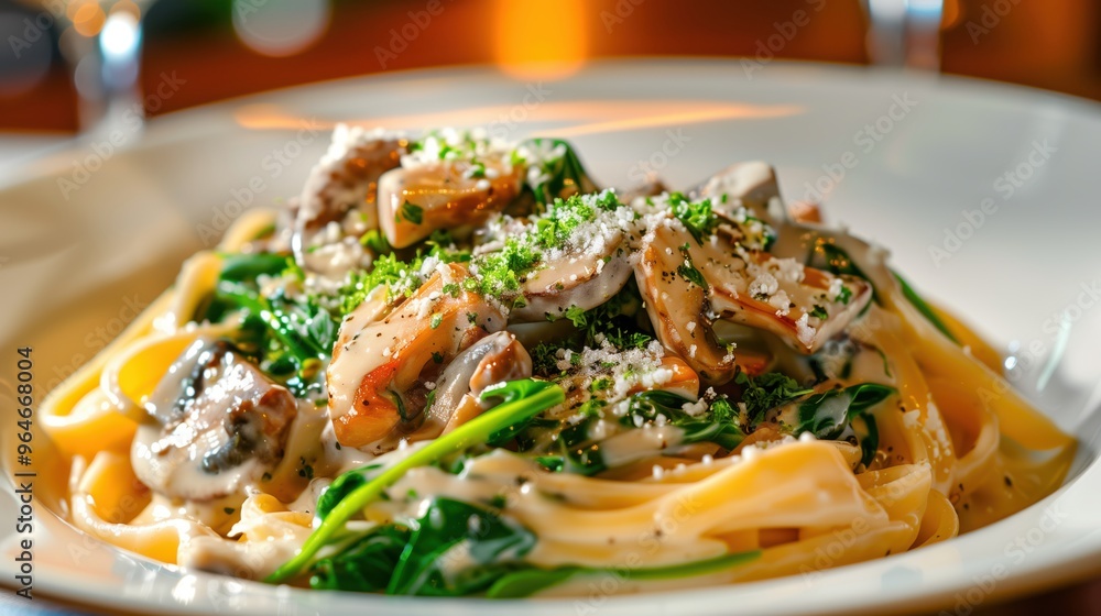 A rich and creamy pasta dish with mushrooms and spinach, topped with grated cheese and herbs on a white plate. A rich and creamy pasta dish with mushrooms and spinach, topped with grated cheese and herbs on a white plate.