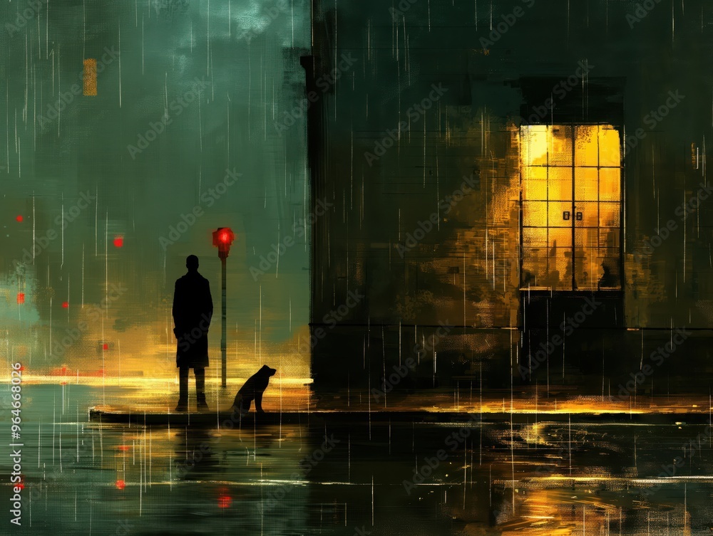 A silhouette of a person with a dog standing in the rain at a street corner, with a lit window providing warmth. A silhouette of a person with a dog standing in the rain at a street corner, with a lit window providing warmth.