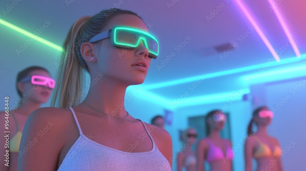 Teenage Girls Party in Neon E-Girl Style, Recording Videos, Emphasizing Online Communities & Friendships at Night Teenage Girls Party in Neon E-Girl Style, Recording Videos, Emphasizing Online Communities & Friendships at Night