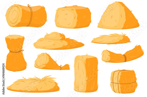 Hay bales. Cartoon sheaves and dry grass piles. Bundles of yellow straw. Farming haylofts. Livestock feed forage harvesting. Agriculture haystacks. Ranch haycocks. Thatch heaps vector set