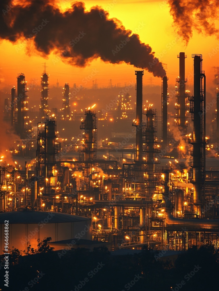 Oil Refinery with Towering Distillation Columns Oil Refinery with Towering Distillation Columns