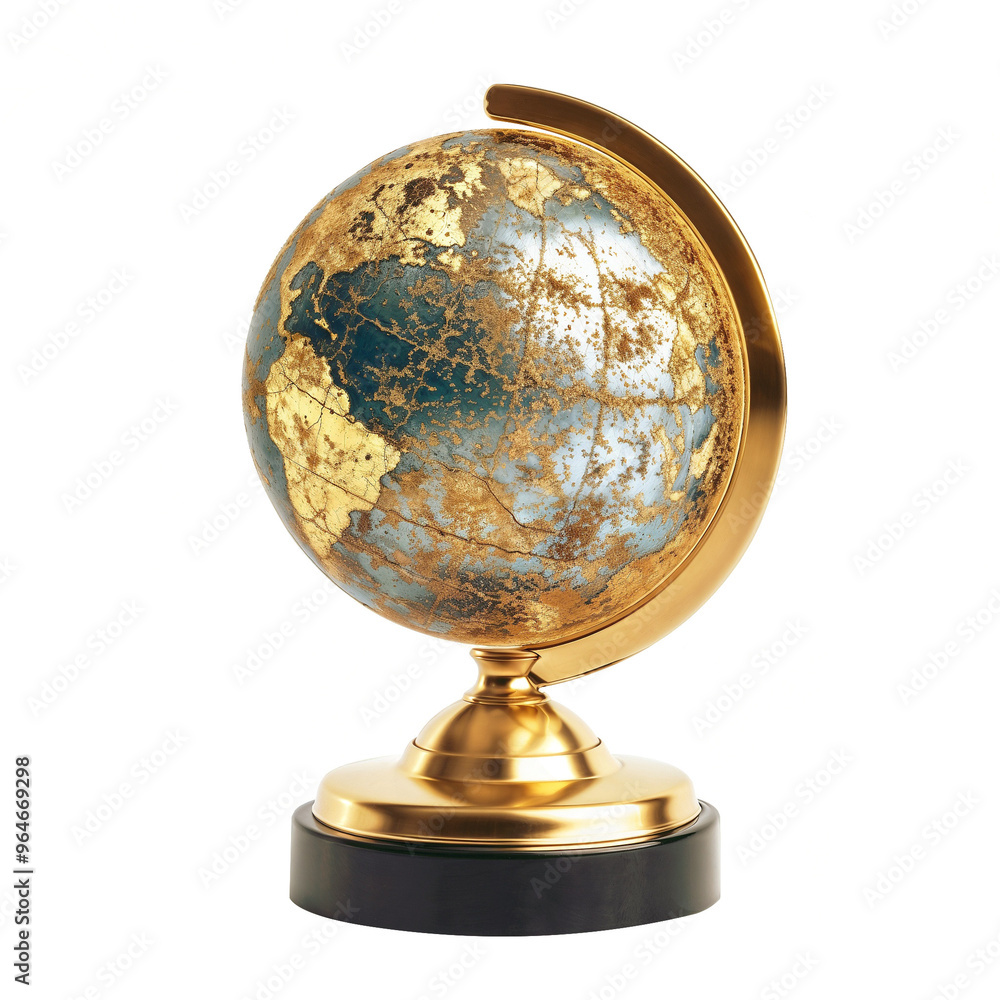 Antique world globe with golden continents on ornate stand. Luxurious vintage-style terrestrial sphere. Elegant desktop accessory blending geography and decorative art isolated on blank background Antique world globe with golden continents on ornate stand. Luxurious vintage-style terrestrial sphere. Elegant desktop accessory blending geography and decorative art isolated on blank background