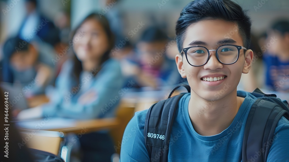 A young man with glasses and a beard is smiling for the camera. He is wearing a blue jacket and a backpack A young man with glasses and a beard is smiling for the camera. He is wearing a blue jacket and a backpack