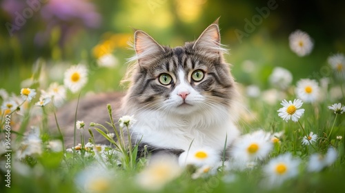 A serene cat resting among daisies in a vibrant green field.