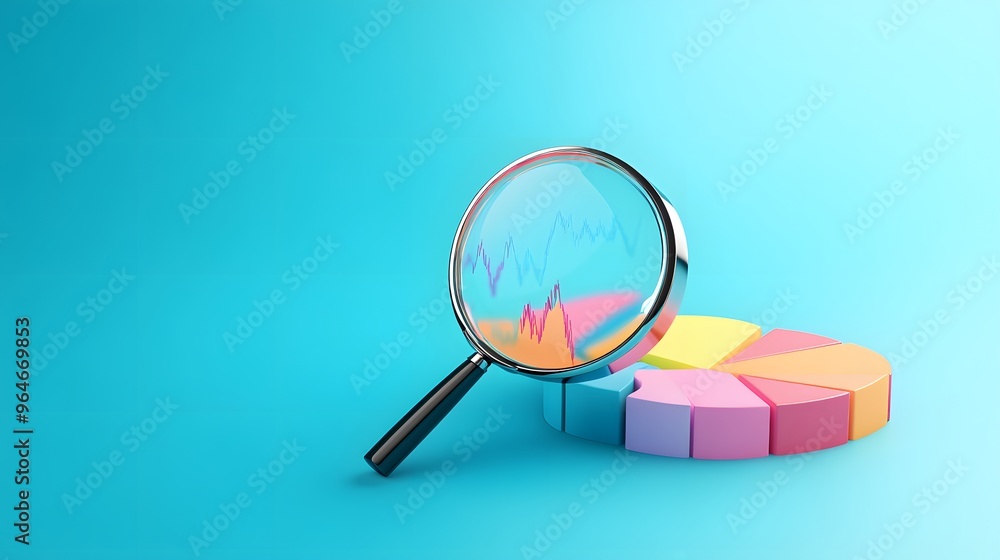 Magnifying Glass Examining Pie Chart with Fluctuating Line Graph Magnifying Glass Examining Pie Chart with Fluctuating Line Graph