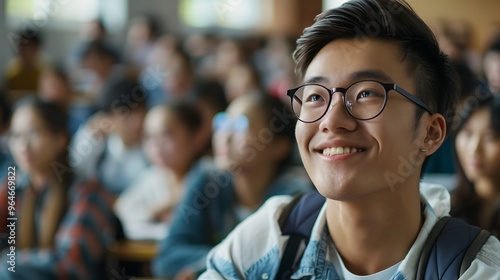 A young man with glasses and a beard is smiling for the camera. He is wearing a blue jacket and a backpack