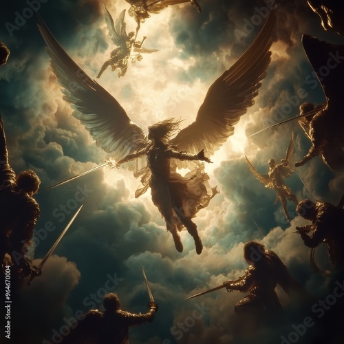 Sword battle between angels and demons in heaven, a biblical fight for the control of human souls, a war waged in heaven between sword-wielding angels against demons