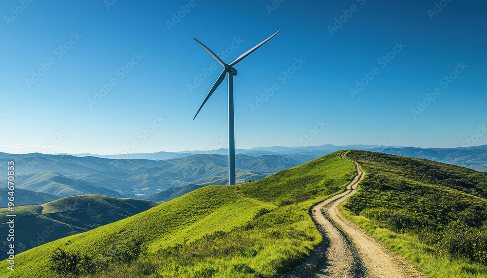 Wind turbine generating clean energy on top of green hill Wind turbine generating clean energy on top of green hill