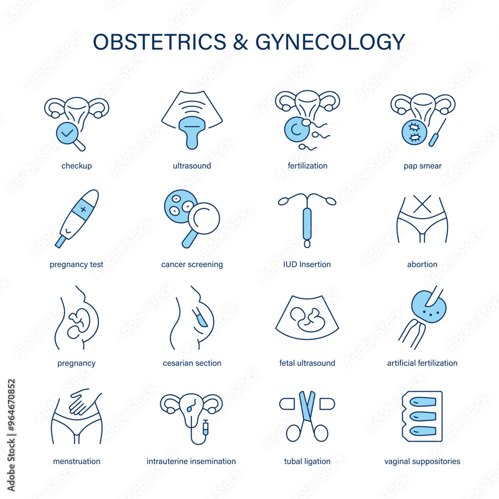 Naklejka premium Obstetrics and gynecology vector icon set. Medical icons.