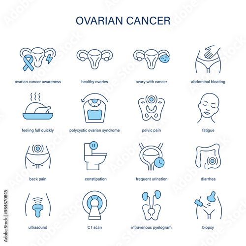 Ovarian Cancer symptoms, diagnostic and treatment vector icons. Medical icons.