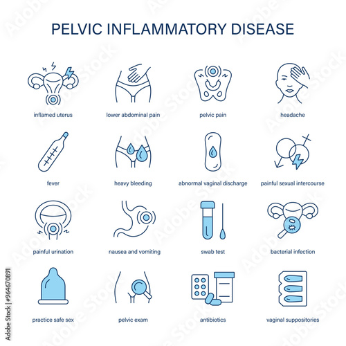 Pelvic Inflammatory Disease symptoms, diagnostic and treatment vector icons. Medical icons.