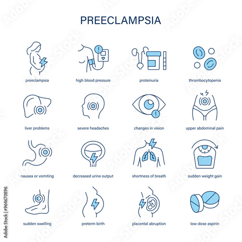 Preeclampsia symptoms, diagnostic and treatment vector icons. Medical icons.