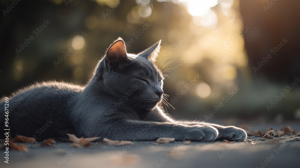 Obraz premium A serene gray cat resting peacefully amidst autumn leaves in soft sunlight.