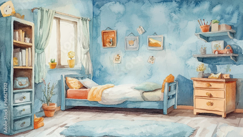 Cozy Kid Room Interior Watercolor Illustration For Childrens Book Adorable Bedroom Scene Warm Cozy Decor Colorful Room Design Whimsical Kids Storybook Inviting Kids Space