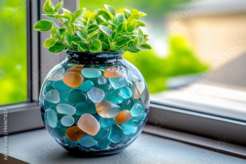 Glass vase filled with sea glass sitting on a windowsill, the pastel colors glowing softly in the sun photo