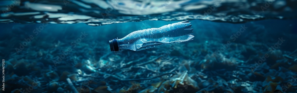 plastic bottle and cup in blue water. plastic bottle and cup in blue water.