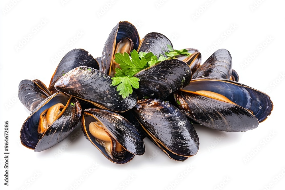 a group of mussels cooked with garlic and parsley, isolated on a white background a group of mussels cooked with garlic and parsley, isolated on a white background