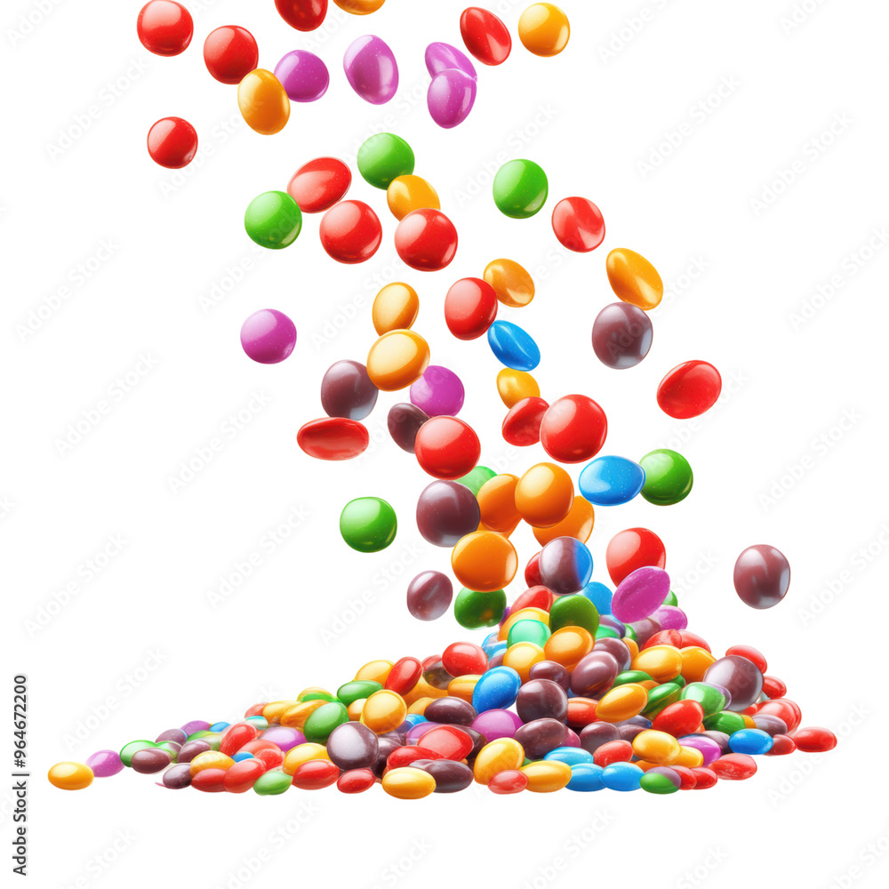 Pile of colorful candy beans scattered on white background

