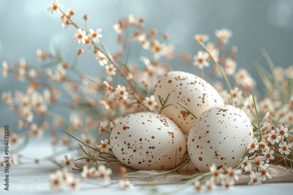 Rustic Easter Charm: Speckled eggs nestle amongst delicate white blossoms, evoking the gentle beauty of spring. Rustic Easter Charm: Speckled eggs nestle amongst delicate white blossoms, evoking the gentle beauty of spring.