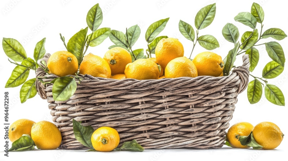 Fresh Lemons in a Wicker Basket with Green Leaves, a Summery Delight Fresh Lemons in a Wicker Basket with Green Leaves, a Summery Delight