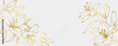 Luxury gold lily flowers background. Floral pattern tropical in line art style for greeting, invitation, wedding card, wall art, wallpaper and print. Vector illustration