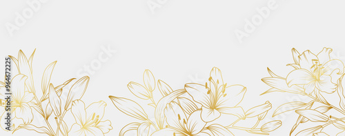 Luxury gold lily flowers background. Floral pattern tropical in line art style for greeting, invitation, wedding card, wall art, wallpaper and print. Vector illustration