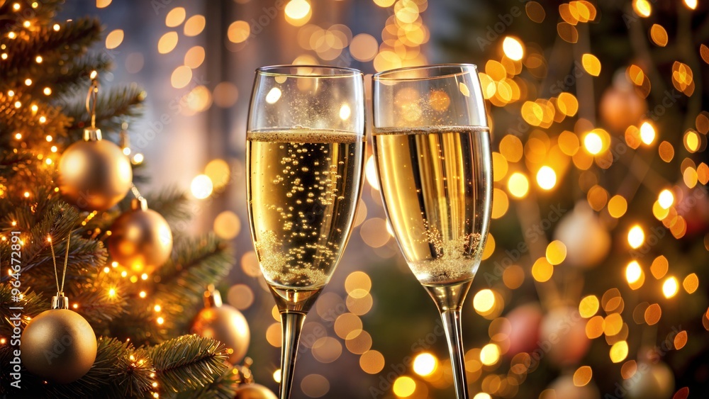 Festive champagne glasses with Christmas lights, holiday celebration with copy space Festive champagne glasses with Christmas lights, holiday celebration with copy space