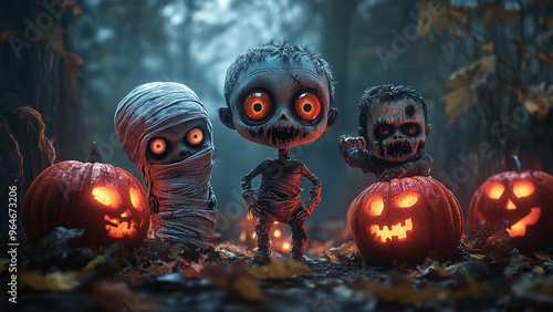 Halloween Night Background with Enchanted Creatures and Jack-o’-Lanterns - Perfect Wallpaper for Spooky Autumn Vibes