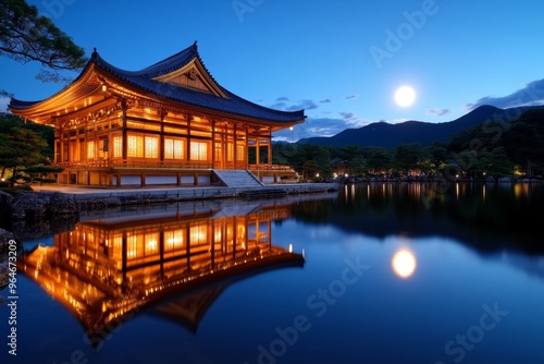 Golden Pavilion glowing under a full moon with its reflection shimmering gently in the calm pond below