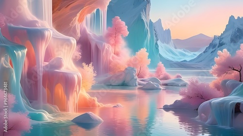 Surreal illustration with body of water, melting icy formation, and mountains with snow-capped picks on the background 