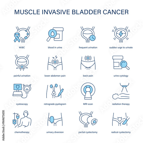 Muscle Invasive Bladder Cancer symptoms, diagnostic and treatment vector icons. Medical icons.